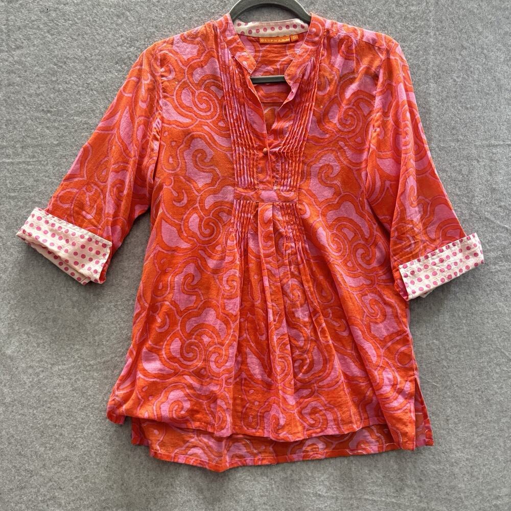 Oliphant Cotton Batik Print Popover Tunic Top Sz S Pink Orange Coastal Resort